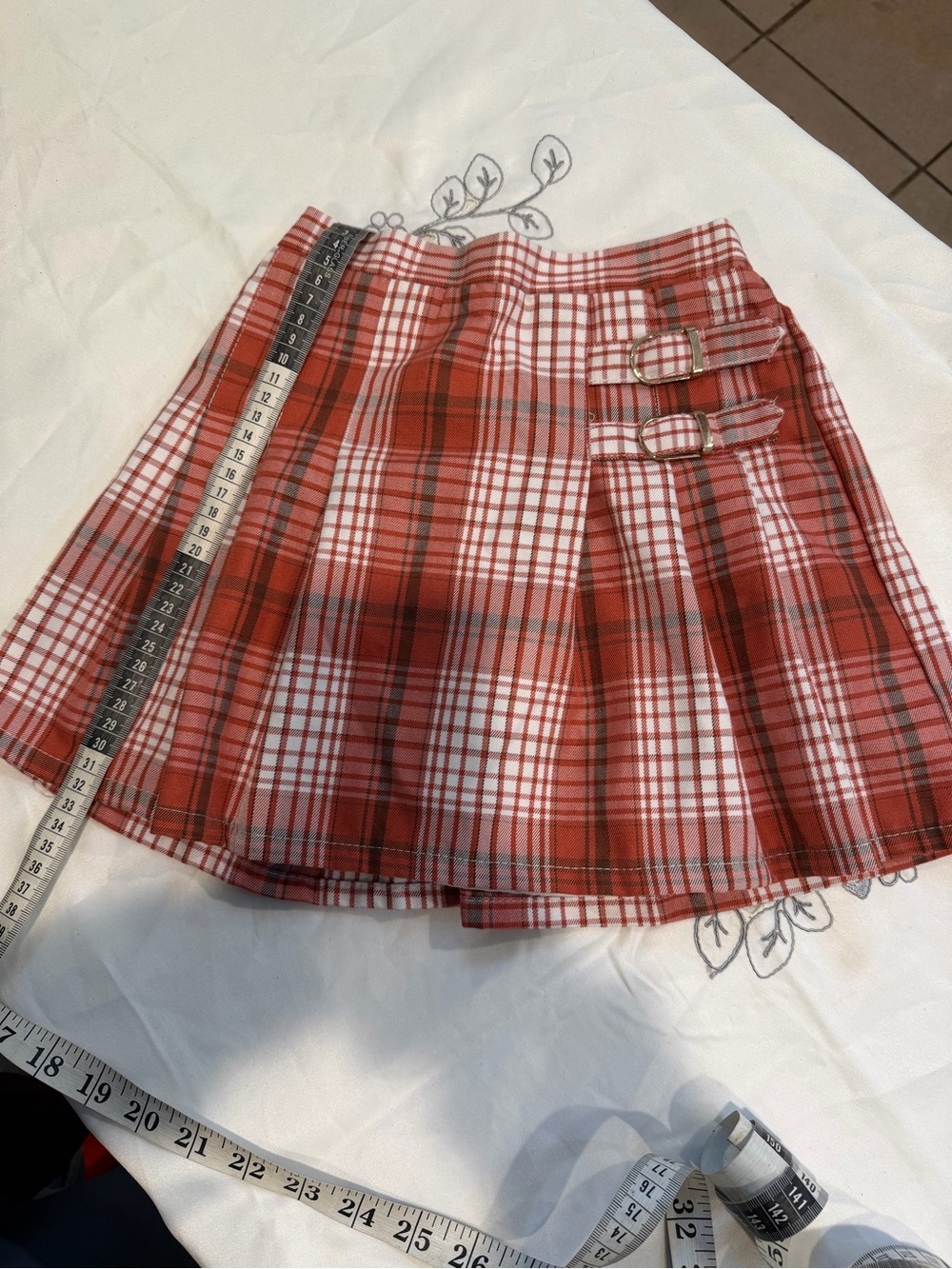 Red Plaid Pleated Mini Skirt with Double Buckle Detail